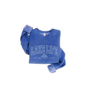 NEW OAT COLLECTIVE unisex lake life is the best life sweatshirt in heather royal